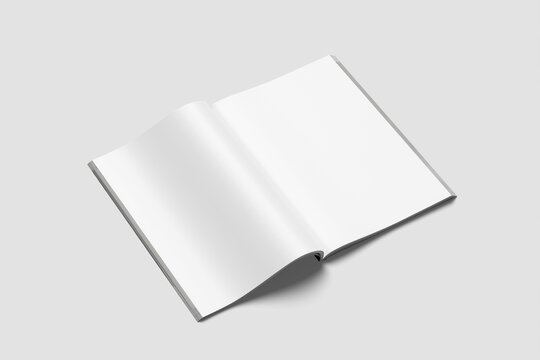 A4 magazine mockup top view, book or catalog on gray table. Blank page or notepad on solid background. Blank page or notepad for mockups or simulations.