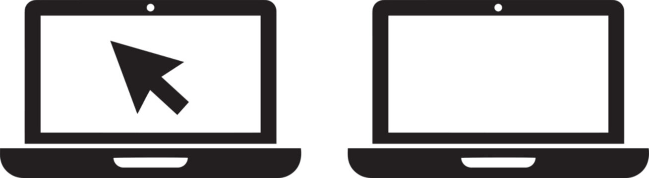 Two black laptop computers side by side on a white background one with a cursor on the screen