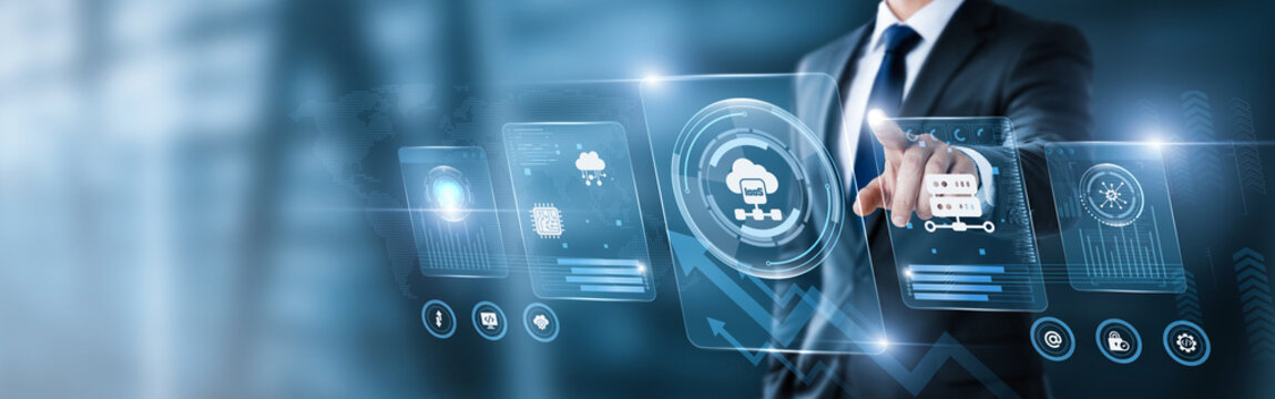 Businessman pointing at digital screen with IaaS data and analytics interface. cloud infrastructure, virtual servers, IT resources, cloud computing, scalable technology, enterprise solutions