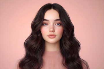 Naklejka premium Long dark brown wavy hair portrait, Young caucasian woman beauty model, Soft voluminous hairstyle, Pink background, Natural makeup look, Elegant fashion headshot, Commercial beauty concept