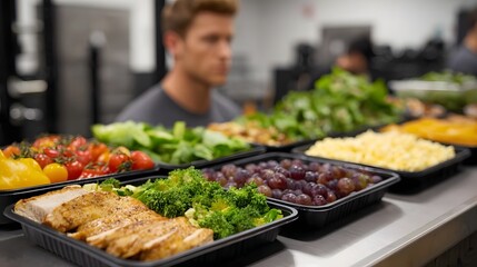 Obraz premium A vibrant abundant spread of healthy meal ingredients including grilled chicken and fresh vegetables displayed in a modern setting