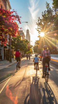Cyclists Enjoying a Sunny Afternoon Ride Down a Tree-Lined City Street.