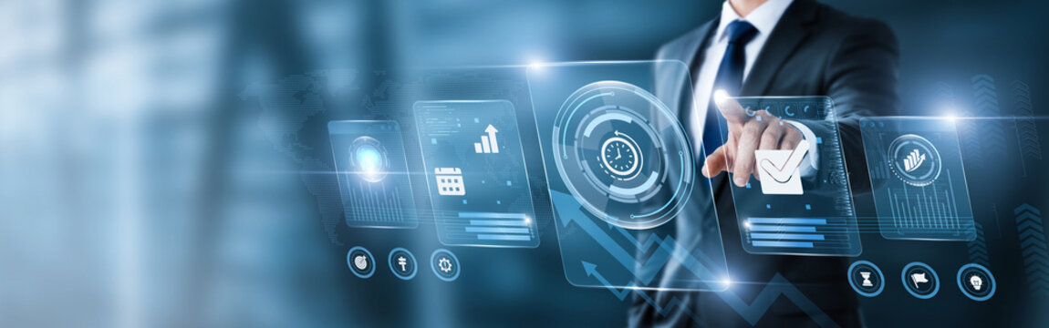 Businessman pointing at digital screen with time management data and analytics interface. productivity planning, task scheduling, workflow efficiency, business organization, performance improvement