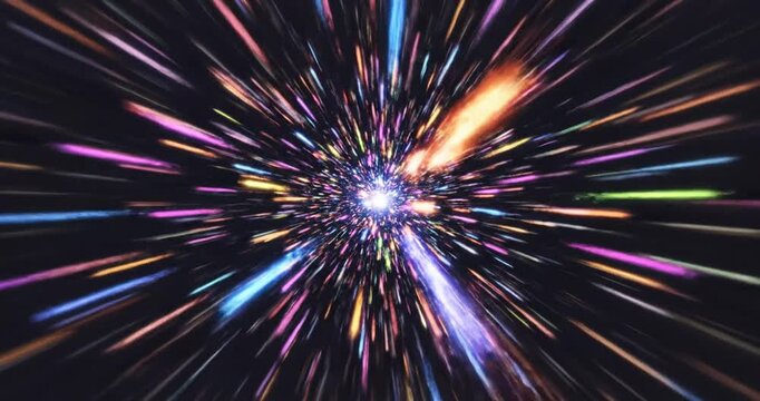 Vibrant cosmic explosion with colorful light streaks representing motion through space
