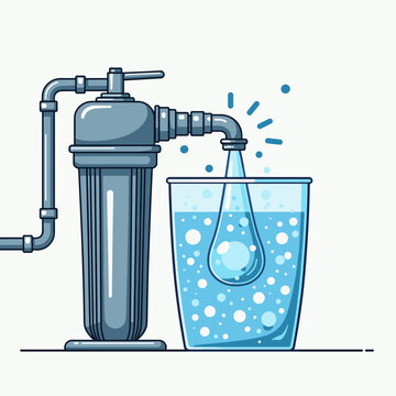 A grey water filtration system pours a fresh stream of liquid into a transparent glass filled with bubbles against a white background. This scene highlights domestic purification, with copy space.