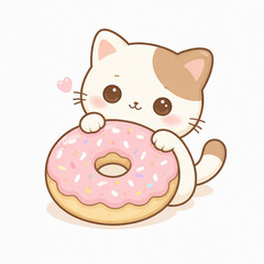 Fototapeta premium Kawaii Cat with Donut,Cute Cat Dessert Illustration
