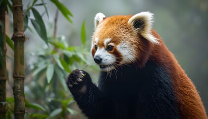 Naklejka premium A captivating red panda perched on a branch gazing intently with a curious expression