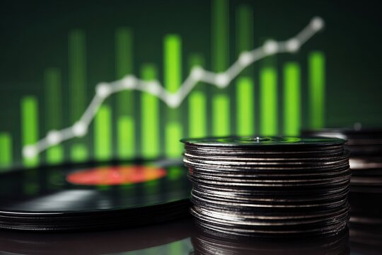 vinyl record with a financial chart going uptrend with the color green , illustrating the increase of sales and interest in Vinyl Records