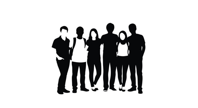 Diverse group of people standing together in unity and solidarity, silhouettes of friends or team members in black, modern and minimalist style