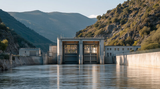Pumped hydro reservoir intake gate structure at waterline, massive steel bulkhead frames reflecting in dark water, a safety diver in full gear preparing to descend for inspection, quiet rural mounta