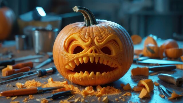 Artisan's Ghoulish Masterpiece: A Ferociously Carved Pumpkin Amidst Workshop Tools