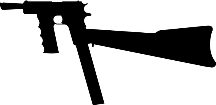 Colt m1911 Pistol silhouette with stock and extended magazine monochrome pictogram vector illustration