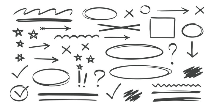 Hand drawn doodle set with arrows circles stars check marks and scribbles vector illustration for design elements