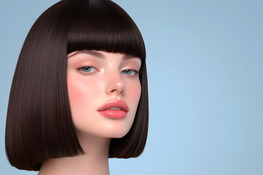 Short blunt bob haircut portrait, Young caucasian woman beauty model, Sleek straight hairstyle, Blue studio background, Clean makeup look, Modern fashion concept, Minimal commercial headshot