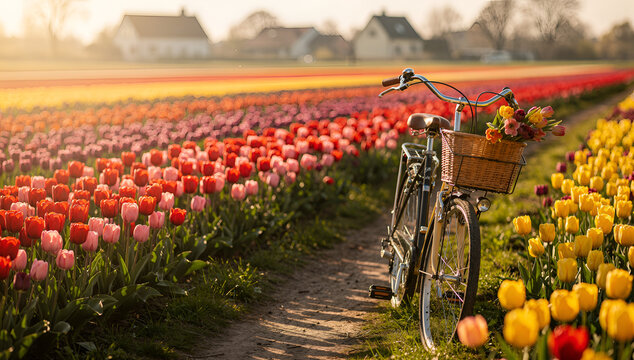 Bicycle in colorful tulip field at sunrise, spring landscape and travel concept