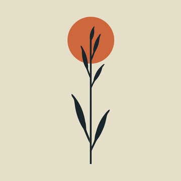 A simple botanical illustration of a dark, stylized floral sprig with leaves, set against a warm terracotta circle on a light beige background. It is a minimalist composition, with copy space.
