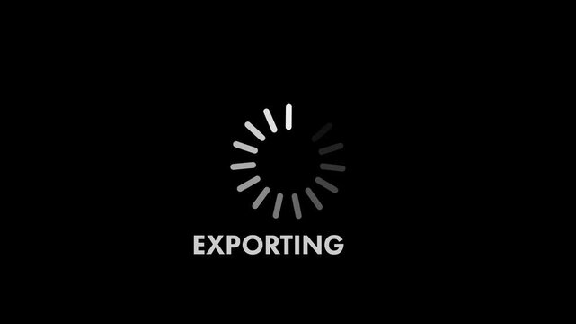 Exporting text with rotating loading spinner animation on black background.