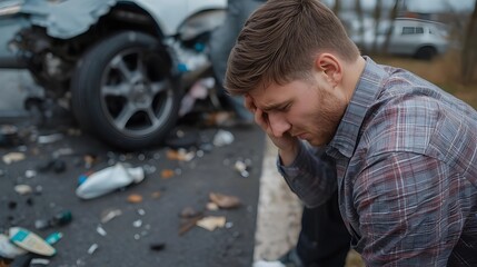 Naklejka premium A distressed man in a plaid shirt sits with his head in his hand in front of a heavily damaged white car at the scene of a vehicle collision.