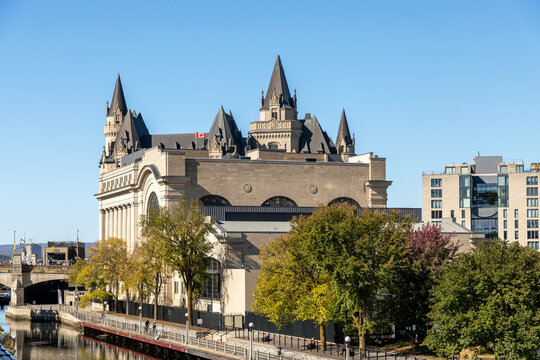 Ottawa, Canada - October 14, 2025: Senate of Canada government building and Fairmont Chateau Laurier hotel in downtown of Canadian national capital city