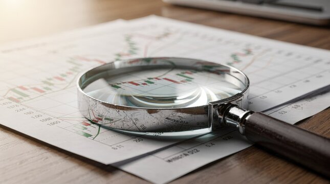 Magnifying glass over financial charts, representing market analysis, data inspection, and investment strategy.