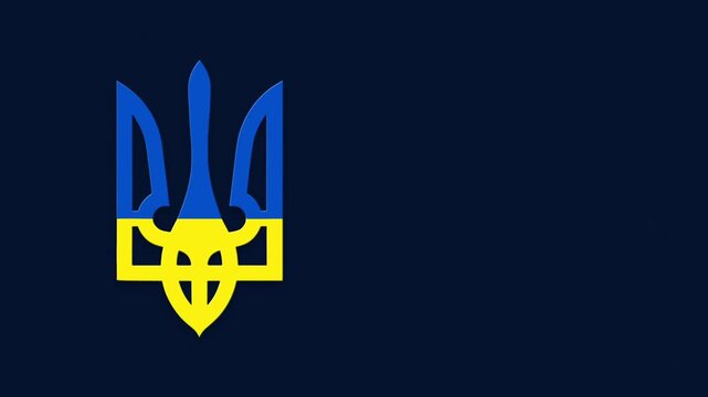 Animated appearance of trident - state symbol of Ukraine, with copy space. Blue and yellow colors of ukrainian flag
