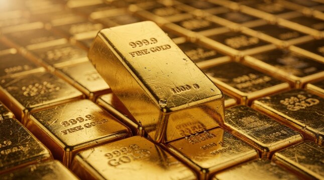 Shiny gold bullion bars background, luxury wealth, safe haven investment and financial stability concept