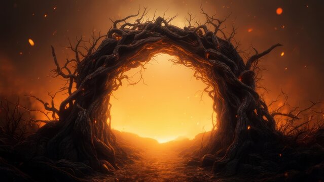 Gateway to Oblivion: A Gnarled Root Archway Amidst a Fiery Apocalypse.
