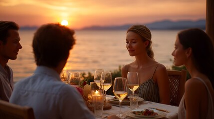 Obraz premium Friends share an elegant dinner at a waterfront table enjoying the warm glow of the sunset