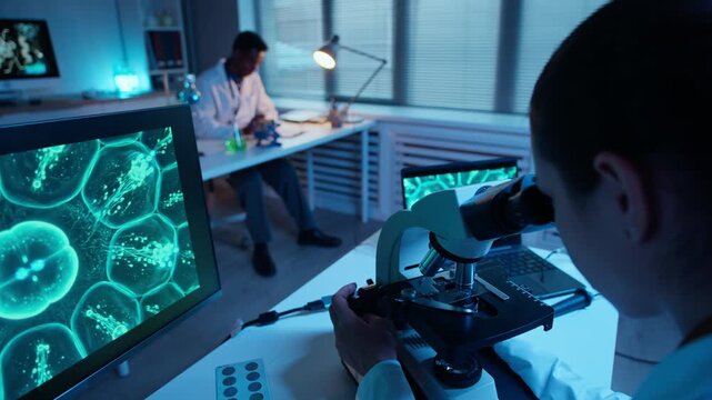 Handheld neon shot of female researcher examining cell genomes under microscope connected to computer while conducting medical experiment in smart laboratory