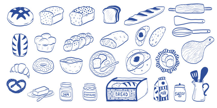 Blue Line Art Bakery and bread doodle vector set. Hand drawn illustration of pastry, baking tools, breakfast food, jam and milk