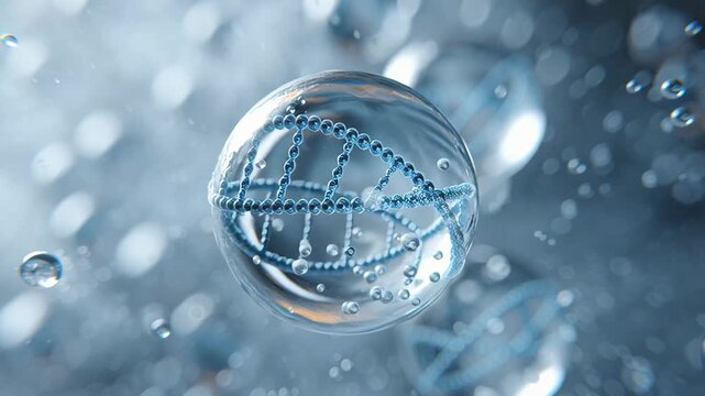Floating crystal bubble with DNA helix suspended in shimmering water droplets, soft blue lighting, microscopic focus, drifting particles, clinical futuristic