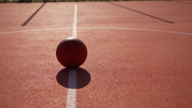 Basketball ball lies in backlight at center of basketball court on marking line. Pull back from orange sports equipment on sunny day.