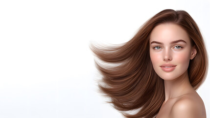 Fototapeta premium Brunette woman with windblown hair, Studio portrait on light background, Smooth flowing hairstyle, Clean natural makeup, Fashion beauty concept, Minimal composition, Elegant commercial headshot
