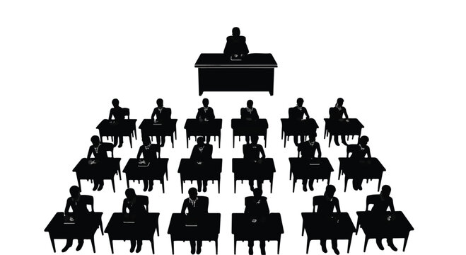 Silhouette of a professor or proctor overseeing a large group of students at desks