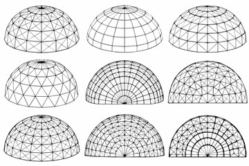 Nine geodesic dome frameworks arranged in a grid on a white background © Liton