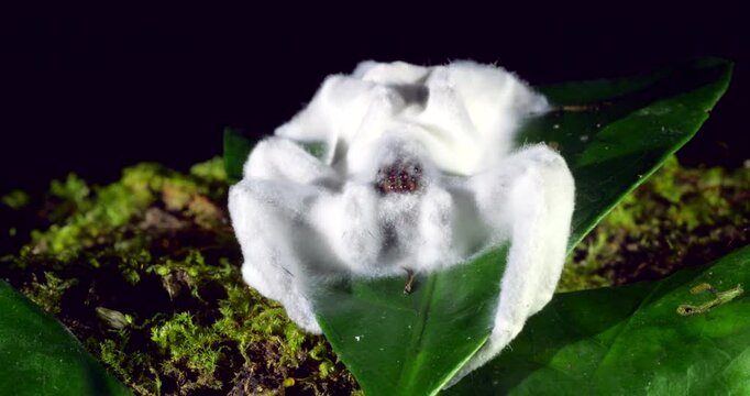 Dead wandering spider (family Ctenidae) completely covered in white fungal hyphae, possibly a Cordyceps fungus, Napo province, the Ecuadorian Amazon