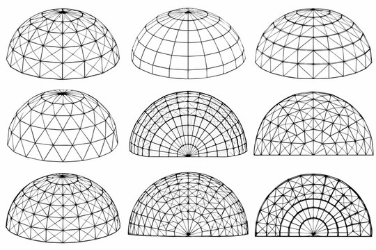 Nine geodesic dome frameworks arranged in a grid on a white background