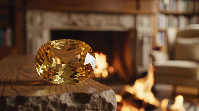A shimmering gemstone resting on wooden surface by fireplace
