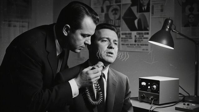 Man hypnotizing another man with vintage handheld device. Psychological experiment with mind control and brain manipulation. Retro noir style scene depicting secret government research project.