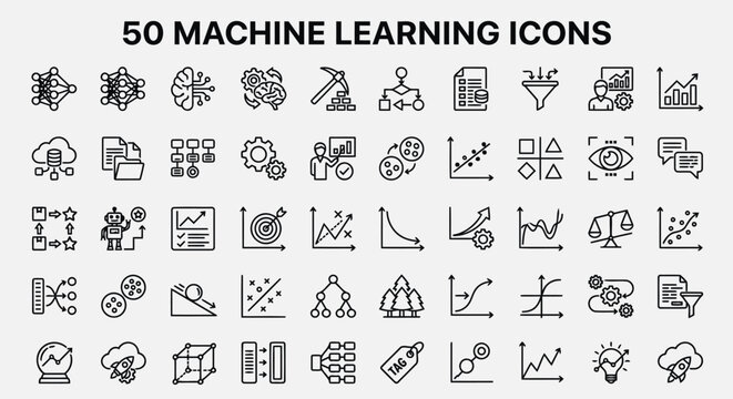 A comprehensive set of 50 machine learning icons in a minimalist line style, available as an Editable Vector File for professional UI design and web projects