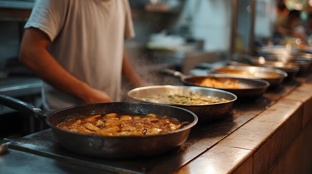 Multiple skillets holding prepared dishes are arranged on a rustic wooden countertop in a bustling commercial kitchen setting
