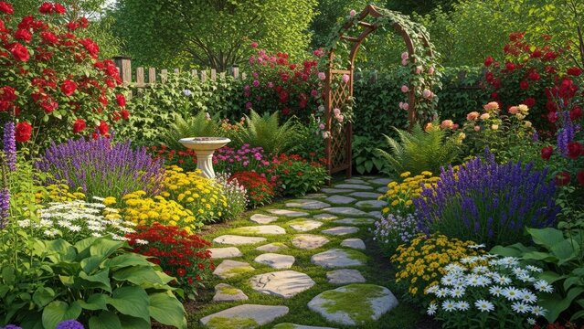 A serene garden pathway surrounded by vibrant flowers and lush greenery
