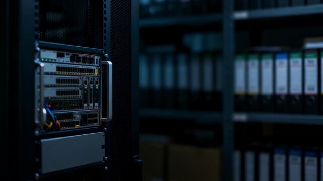 Servers racks in a dimly lit archive room storing licenses on tamperevident blockchain systems with one server in sharp focus and the rest of the room softly blurred.