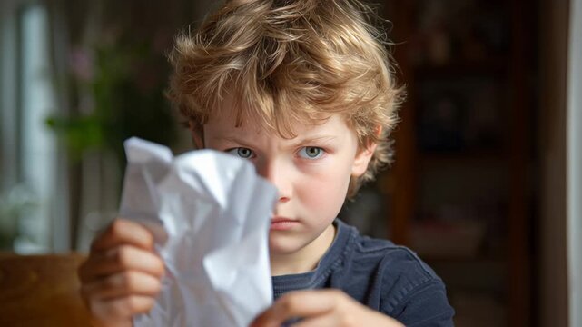 Boy tearing paper indoors upset expression, grey hoodie, crumpled sheets, hands clutching torn paper, emotional meltdown during craft or homework, soft natural