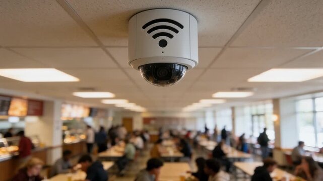Medium shot of a ceiling WiFi access point in a busy university cafeteria in clear focus with blurred students socializing and eating around.