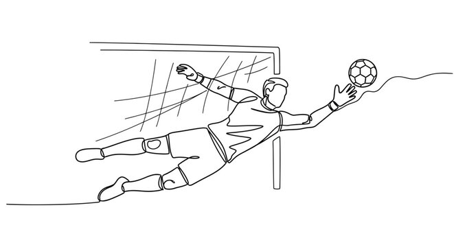 Soccer goalkeeper saves ball in net, one line drawing, action sport illustration