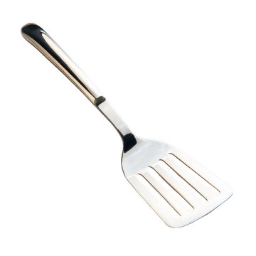 Stainless steel spatula with black handle for cooking and serving food isolated on transparent background