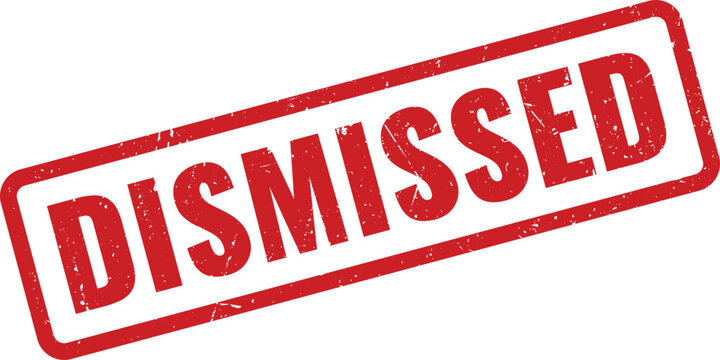 Bold red grunge rubber ink stamp containing the word dismissed on a plain white surface