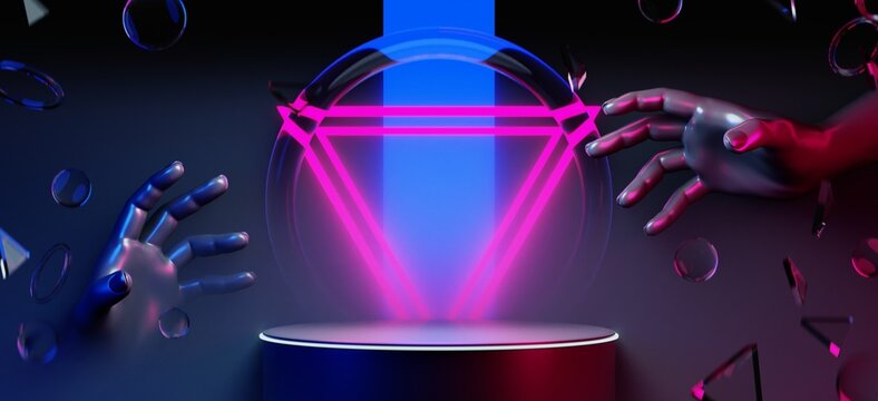 3d illustration rendering of y2k 2000s hand arm gaming technology futuristic fantasy metaverse cyberpunk sci-fi display podium pedestal stage room abstract background in neon-glow