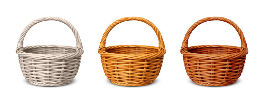 Collection of realistic wicker baskets in light, medium, and dark wood shades with handle. Detailed woven texture, isolated on background. Perfect for packaging, Easter, decor, and retail visuals.